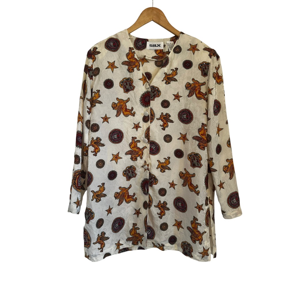 Silx Vintage 100% Silk Blouse M Cornell Harvard Academia Crest Novelty FLAW‎